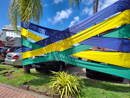 A vibrant St Vincent flag draped over parked cars with palm trees in the background.