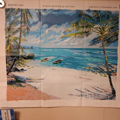 A painting of a serene beach scene with boats, palm trees, and a bright blue sky.