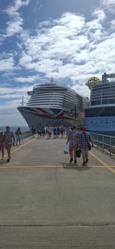 Two people walk towards a large cruise ship docked beside a blue vessel under a cloudy sky.