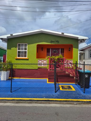 Brightly coloured house with green walls, orange accents, and a blue pathway.